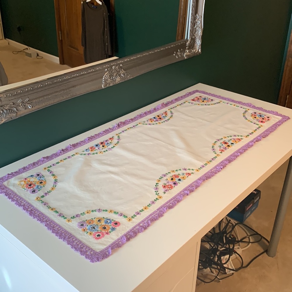 Vintage Hand Embroidered Linen Table Runner, Purple Crochet Trim